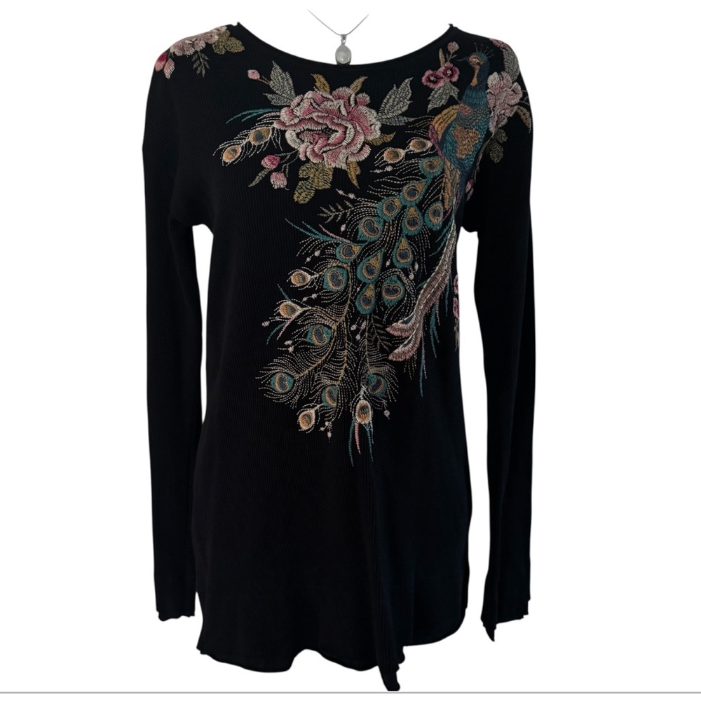 Johnny Was Peacock Embroidered Thermal Top Black – Small - Picture 4 of 13